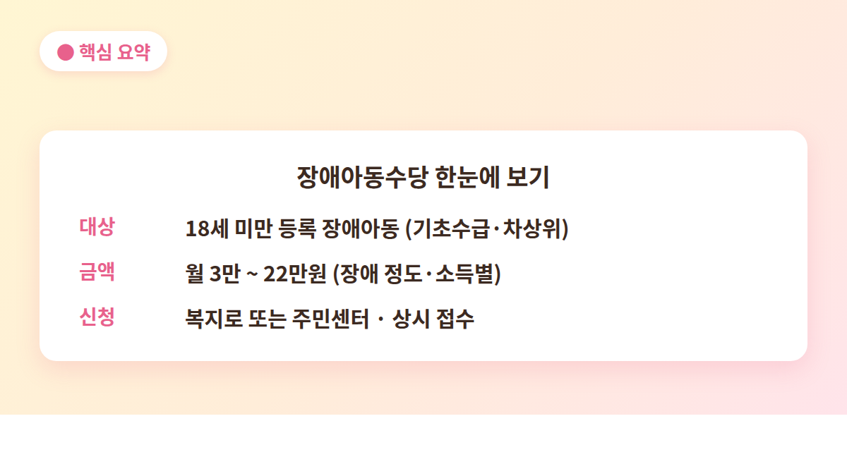 장애아동수당 대상·금액·신청 핵심 요약 - 월 3만~22만원 상시 접수