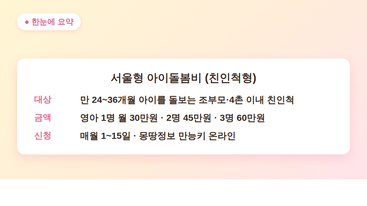 서울형 아이돌봄비 신청 대상 금액 기간 요약표