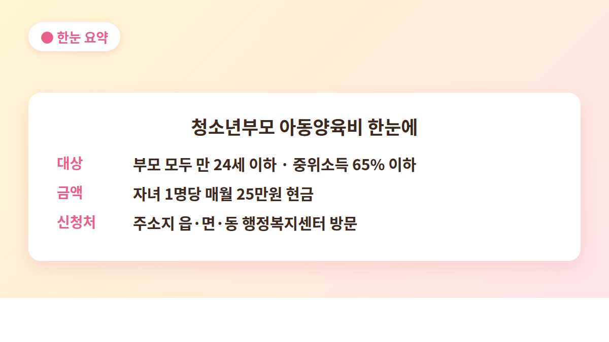청소년부모 아동양육비 대상·금액·신청처 한눈 요약 - 중위소득 65% 이하 자녀당 25만원